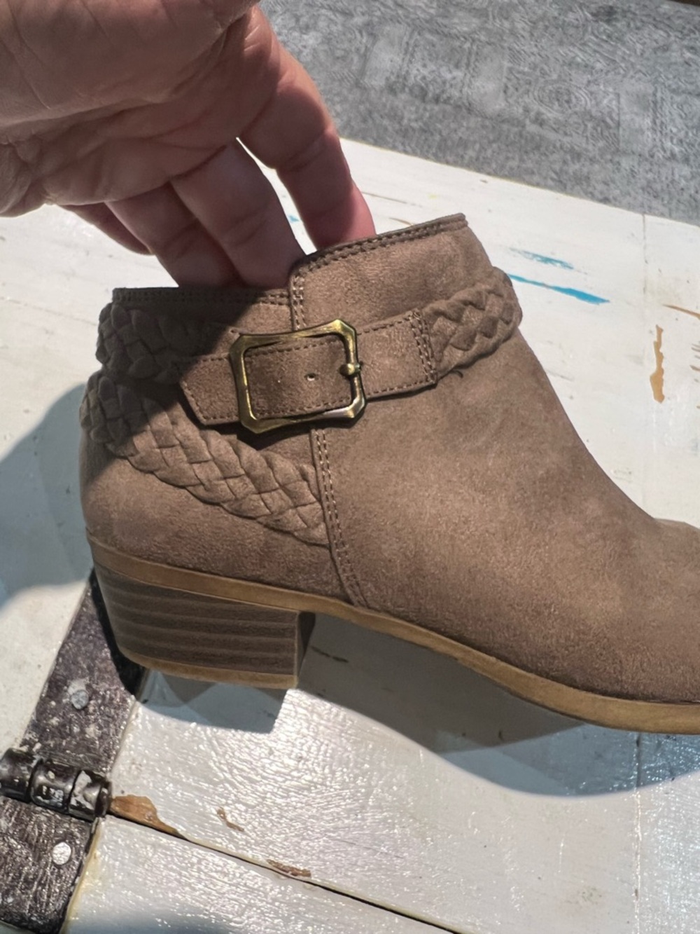 Life Stride Braided Buckle Suede Ankle Boot in tan